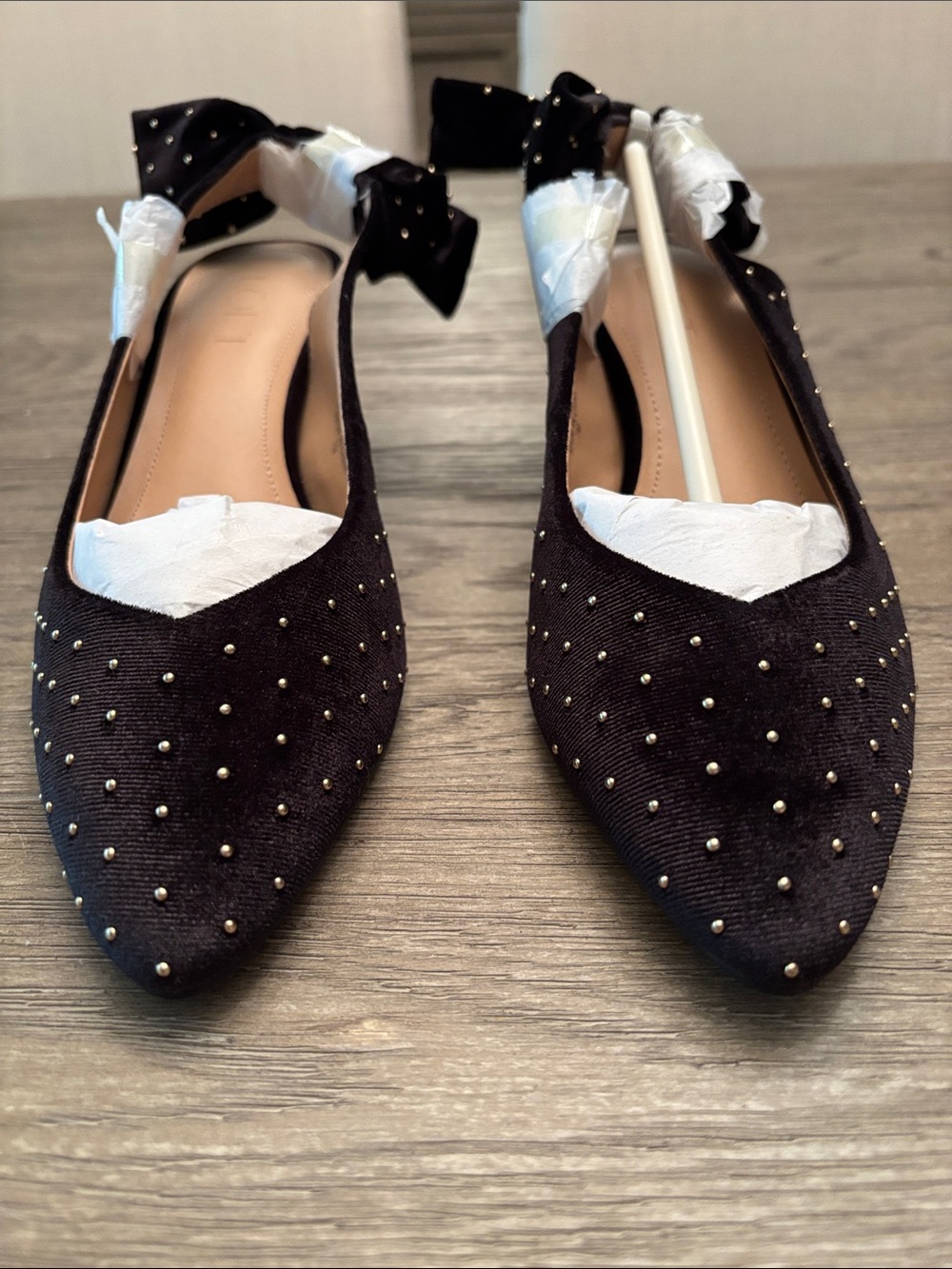 LOFT Black Velvet Studded Bow Slingback Flats